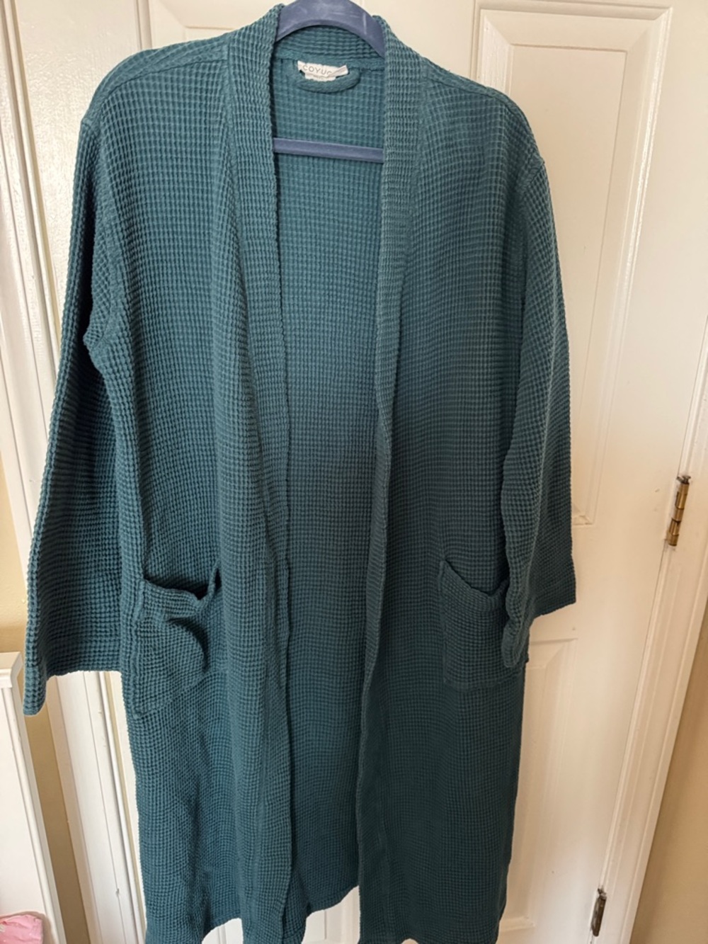 Coyuchi Teal Waffle-Knit Open Front Robe